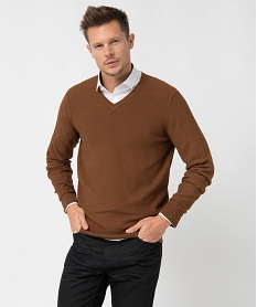 GEMO Pull homme à col V en maille fantaisie marron standard