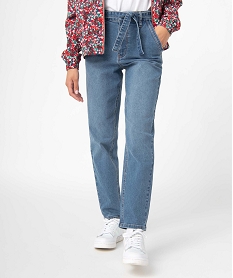 GEMO Jean femme coupe Mom taille haute avec ceinture à nouer Gris