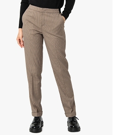 GEMO Pantalon femme en toile à motif pied de poule Brun