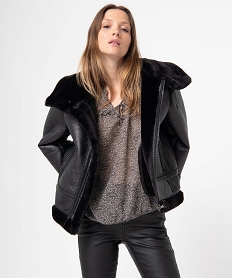 GEMO Blouson bombardier femme esprit biker avec doublure en maille peluche noir standard