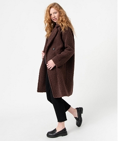 GEMO Manteau femme mi-long en maille bouclette à double boutonnage marron standard