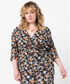 GEMO Blouse femme grande taille à manches ¾ forme cache-cœur Imprimé