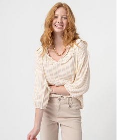 GEMO Blouse femme imprimée avec volants sur le col Beige