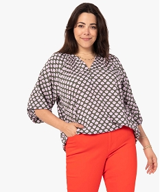 GEMO Blouse femme grande taille imprimée à manches 34 Blanc