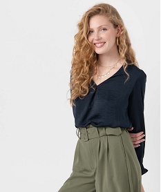 GEMO Blouse femme à manches longues avec col V bleu standard