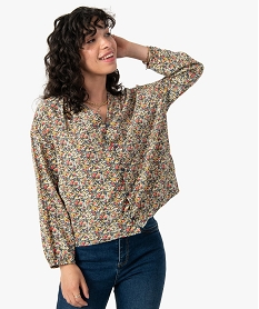 GEMO Blouse femme à manches longues à motifs fleuris kaki vif