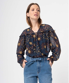 GEMO Blouse femme imprimée en voile à manches longues kaki fonce