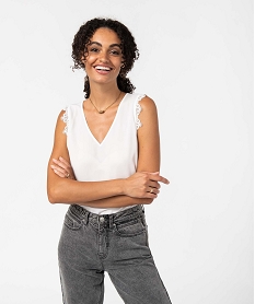 GEMO Blouse femme sans manches en crêpe et dentelle blanc chine