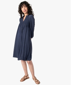 GEMO Robe femme forme chemise avec buste smocké Bleu