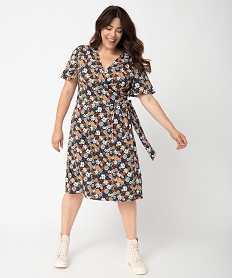 GEMO Robe femme grande taille coupe portefeuille fleurie Blanc