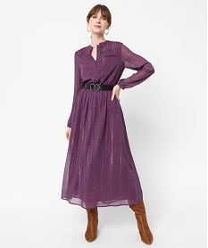 GEMO Robe femme en voile à manches longues avec ceinture à boucle kaki fonce