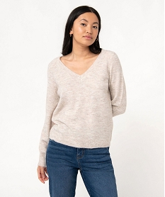 GEMO Pull femme à grand col V fantaisie beige chine