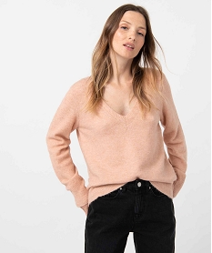 GEMO Pull femme à grand col V fantaisie Rose