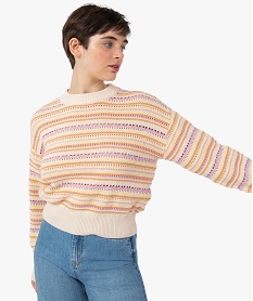 GEMO Pull femme ample en maille fantaisie ajourée Multicolore