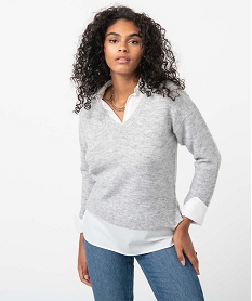 GEMO Pull femme avec col chemise effet 2 en 1 gris standard