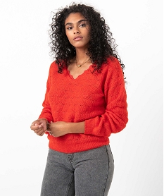 pull femme a col v en maille ajouree rougeI343101_1