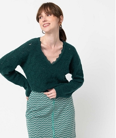 GEMO Pull femme à col V en maille ajourée Vert