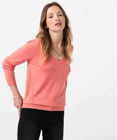 GEMO Pull femme en maille fine à col V Rose