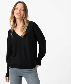 GEMO Pull femme avec double décolleté en V bordé de dentelle Noir