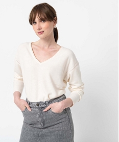 GEMO Pull femme en maille fine avec large col V blanc chine