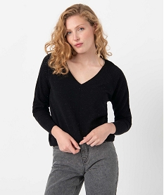 GEMO Pull femme pailleté en maille fantaisie sur les manches Noir