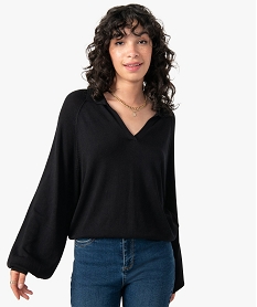 GEMO Pull femme à col polo avec larges emmanchures raglan Noir