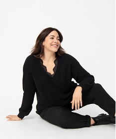 GEMO Pull femme grande taille avec décolleté V en dentelle Noir