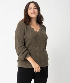 GEMO Pull femme grande taille avec décolleté V en dentelle kaki standard