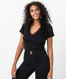 GEMO Tee-shirt femme à manches courtes forme cache-cœur Noir