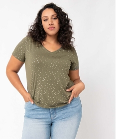 GEMO Tee-shirt femme grande taille à motifs pailletés et col V fantaisie Vert