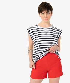 GEMO Tee-shirt femme rayé sans manches à épaulettes Bleu