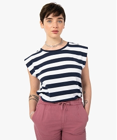 GEMO Tee-shirt femme rayé sans manches à épaulettes Bleu