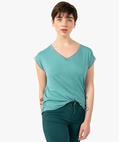 GEMO Tee-shirt femme à manches courtes avec col V en dentelle Bleu