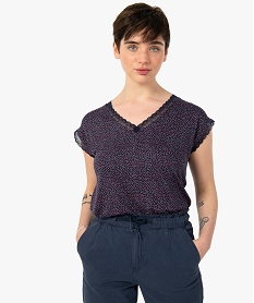 GEMO Tee-shirt femme imprimé avec finitions dentelle Bleu