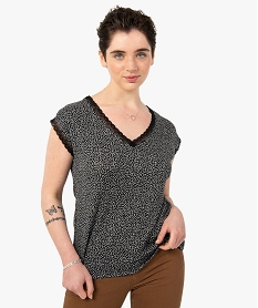 GEMO Tee-shirt femme imprimé avec finitions dentelle noir standard