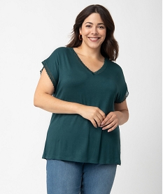 GEMO Tee-shirt femme grande taille à manches courtes et col V et dentelle Bleu