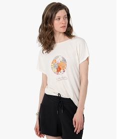 GEMO Tee-shirt femme à manches courtes imprimé coupe loose Beige