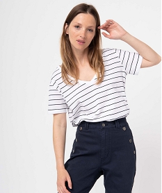 GEMO Tee-shirt femme rayé à manches courtes avec col V Blanc