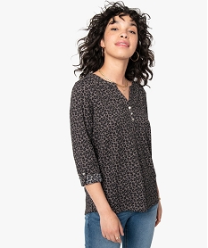 GEMO Tee-shirt femme imprimé à manches longues avec col boutonné marron standard