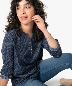 GEMO Tee-shirt femme imprimé à manches longues avec col boutonné bleu standard