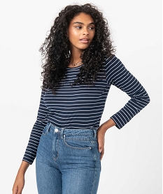 GEMO Tee-shirt femme rayé à manches longues Bleu