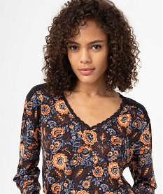 tee-shirt femme imprime avec dentelle sur les epaules bleu standard t-shirts manches longuesI360401_2