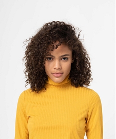 GEMO Tee-shirt femme en maille côtelée manches longues et col montant jaune standard