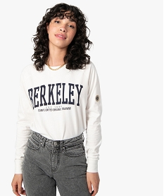 GEMO Tee-shirt femme à manches longues avec inscription – Camps United blanc chine