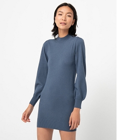 GEMO Robe pull femme en maille à manches longues et col montant bleu standard