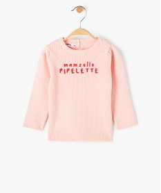 GEMO Pull bébé fille ajusté en maille côtelée avec  inscription velours. Rose