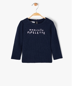 GEMO Pull bébé fille ajusté en maille côtelée avec  inscription velours. Bleu