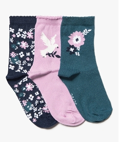 GEMO Chaussettes fille tige haute à fleurs (lot de 3) Violet