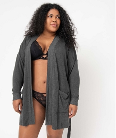 GEMO Veste dintérieur femme grande taille en maille douce avec ceinture à nouer gris vif