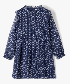 GEMO Robe fille à manches longues en voile imprimé et volants Bleu